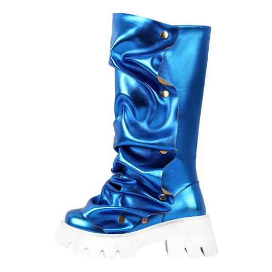 Women’s Fold-Over Slouchy Platform Boots – Round Toe, Button Detail & Mid-Calf Block Heel Western Style