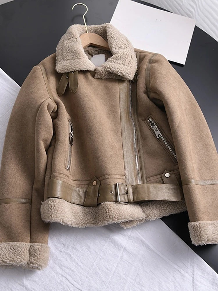 2026 Women’s Winter Suede Lamb Jacket – Thick Warm Faux Shearling Motorcycle Coat