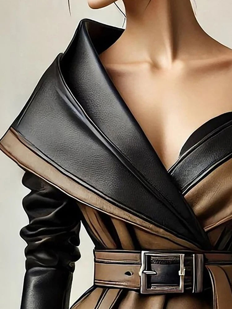 Women’s One-Shoulder PU Leather Jacket – Y2K Irregular Hem Belted Fashion Coat