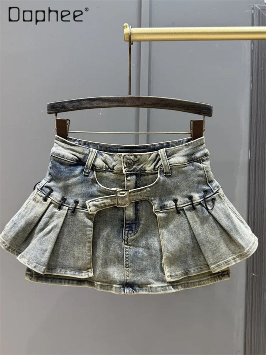 American Retro Camouflage Pleated Denim Mini Skirt – High-Waist A-Line Fashion Skirt