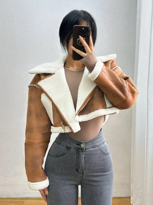 WOMENGAGA Quilted Suede Lamb Coat- Vintage Short motorcycle Jacket For Women.