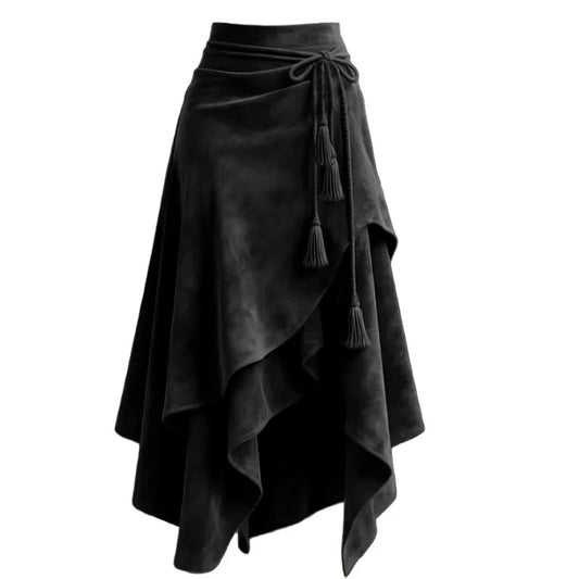 Vintage Lace-Up Irregular A-Line Midi Skirt for Women – Elegant Streetwear Style