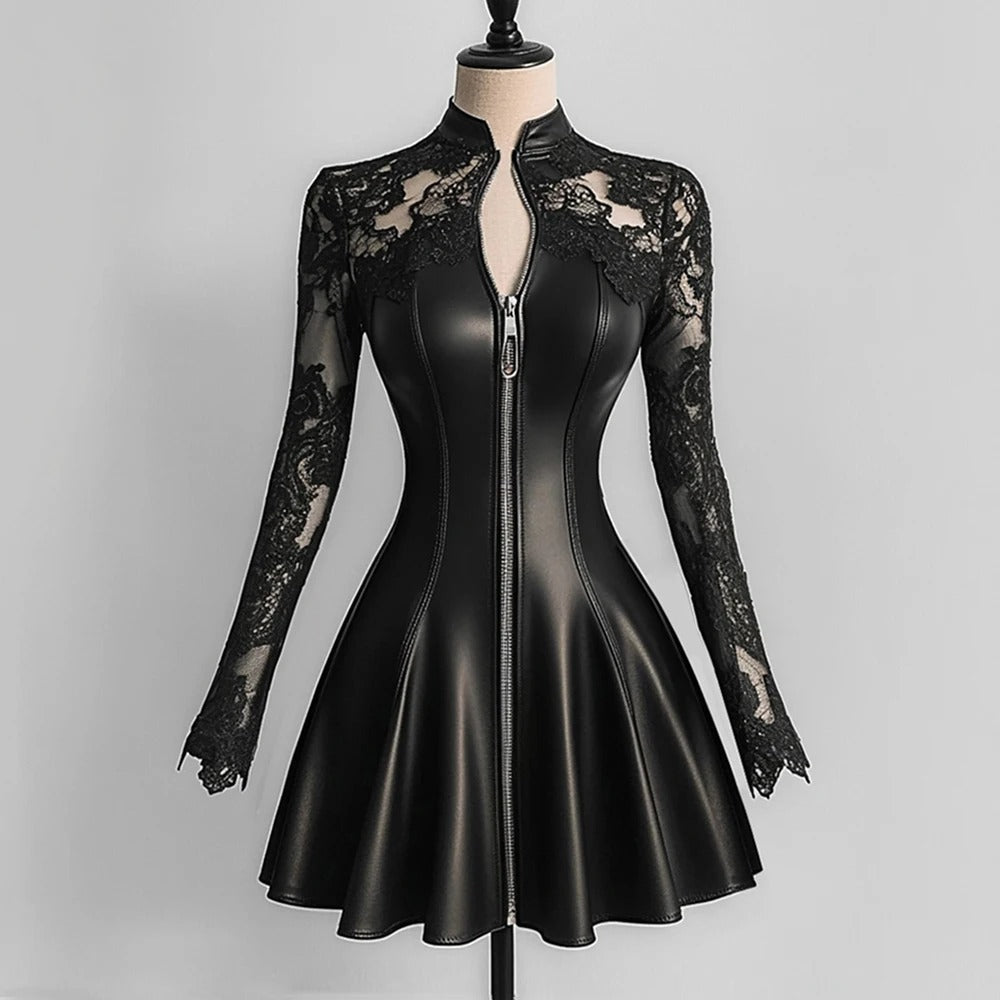 Unique Elegant Pure leather Long Sleeve Zipper Bodice Dress
