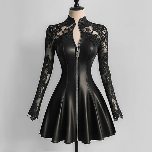 Unique Elegant Pure leather Long Sleeve Zipper Bodice Dress