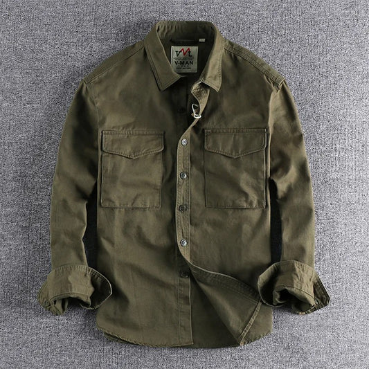 Men’s Japanese Vintage Cotton Long-Sleeve Shirt – Relaxed Fit Casual Streetwear