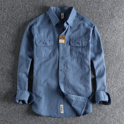 Men’s Japanese Vintage Cotton Long-Sleeve Shirt – Relaxed Fit Casual Streetwear