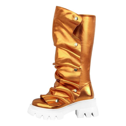 Women’s Fold-Over Slouchy Platform Boots – Round Toe, Button Detail &amp; Mid-Calf Block Heel Western Style