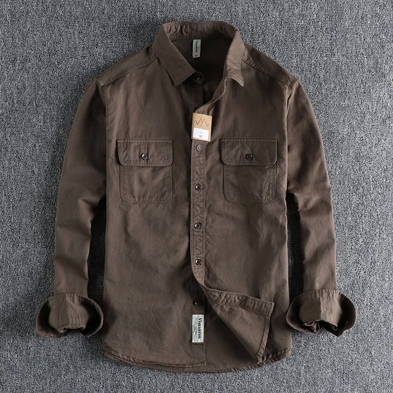 Men’s Japanese Vintage Cotton Long-Sleeve Shirt – Relaxed Fit Casual Streetwear