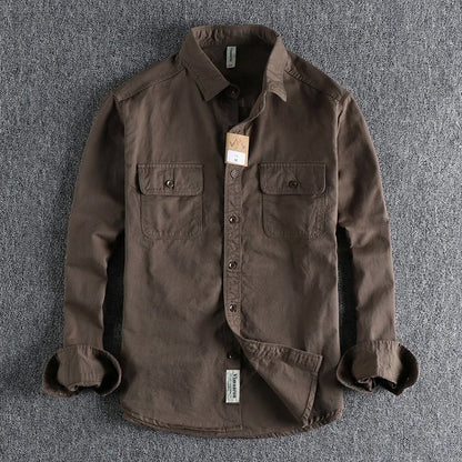 Men’s Japanese Vintage Cotton Long-Sleeve Shirt – Relaxed Fit Casual Streetwear