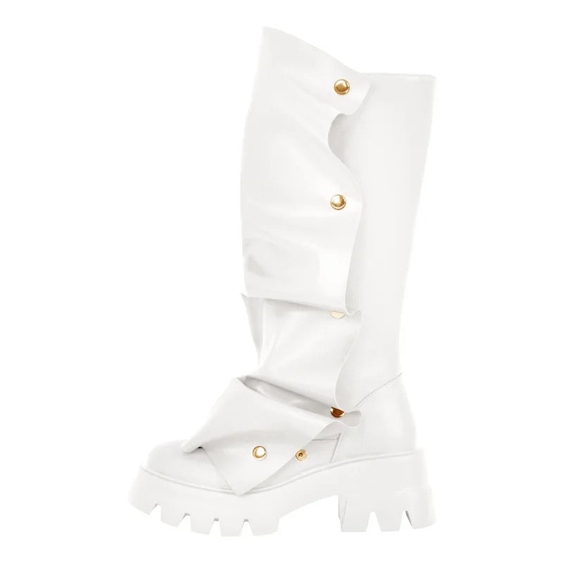 Women’s Fold-Over Slouchy Platform Boots – Round Toe, Button Detail &amp; Mid-Calf Block Heel Western Style