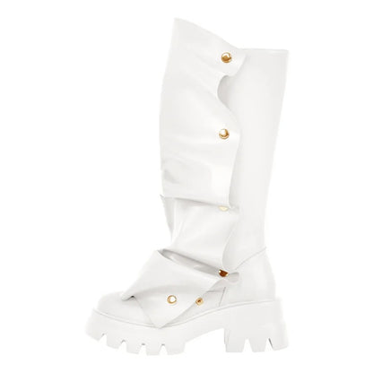 Women’s Fold-Over Slouchy Platform Boots – Round Toe, Button Detail &amp; Mid-Calf Block Heel Western Style