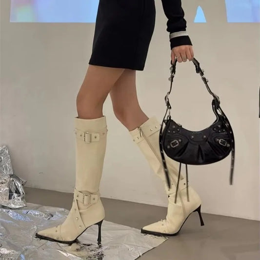 2026 Women's Elegant Pointed-Toe High-Heeled Riding Boots-Slim-Fit TallBoots with Studded Belt Detail