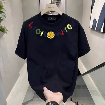 Men’s Black Cotton Graphic T-Shirt – Anime Letter Print Casual Summer Tee, Relaxed Everyday Style,