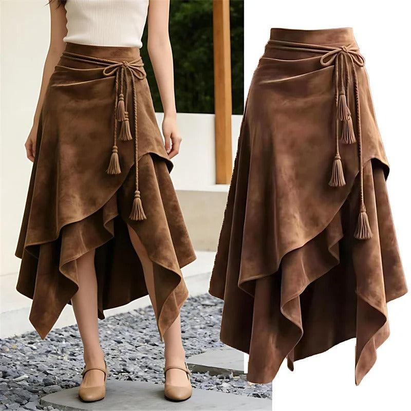Vintage Lace-Up Irregular A-Line Midi Skirt for Women – Elegant Streetwear Style