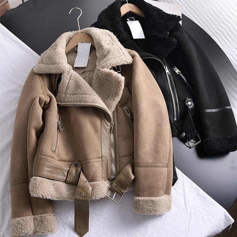 2026 Women’s Winter Suede Lamb Jacket – Thick Warm Faux Shearling Motorcycle Coat
