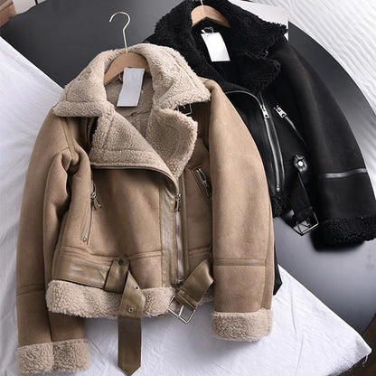 2026 Women’s Winter Suede Lamb Jacket – Thick Warm Faux Shearling Motorcycle Coat