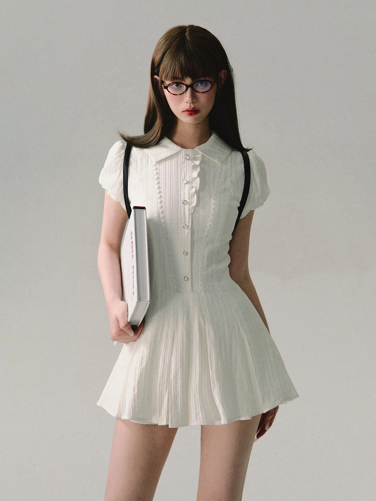 Elegant Lace A-Line Mini Dress – Vintage Y2K Chic Short-Sleeve Shirt Dress