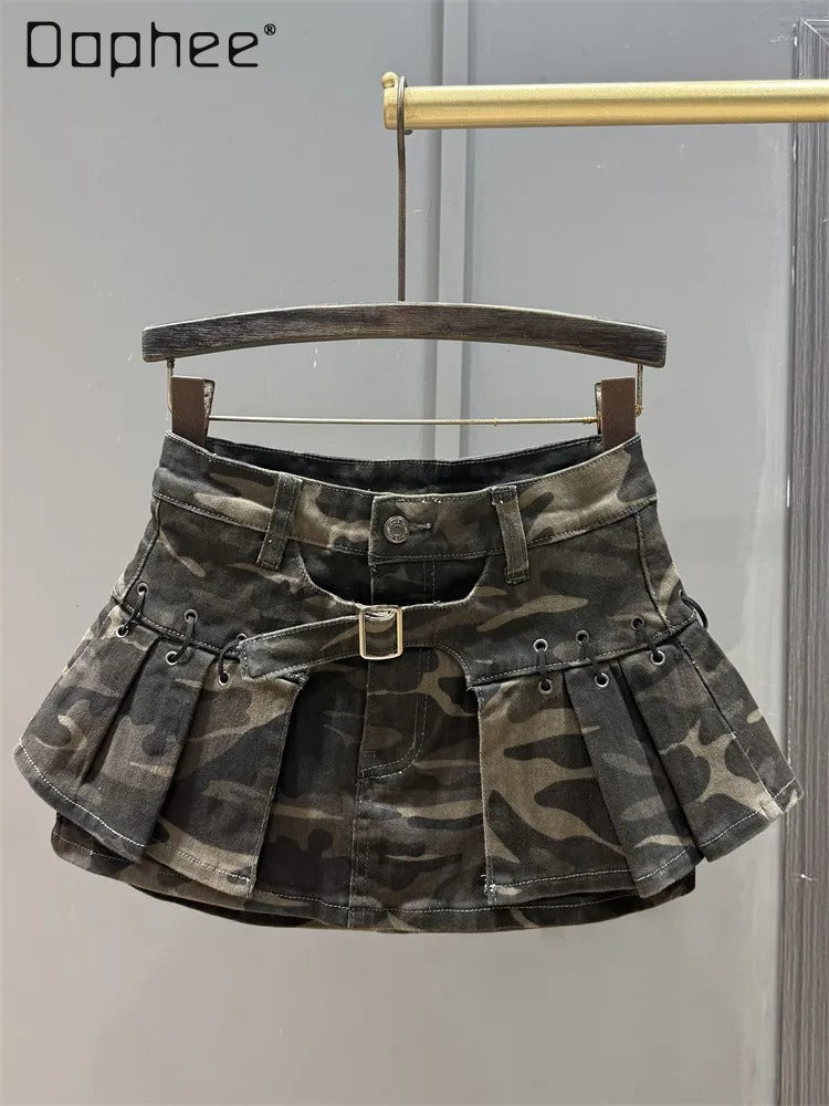 American Retro Camouflage Pleated Denim Mini Skirt – High-Waist A-Line Fashion Skirt