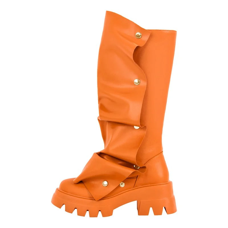 Women’s Fold-Over Slouchy Platform Boots – Round Toe, Button Detail &amp; Mid-Calf Block Heel Western Style