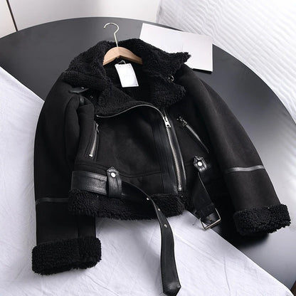 2026 Women’s Winter Suede Lamb Jacket – Thick Warm Faux Shearling Motorcycle Coat