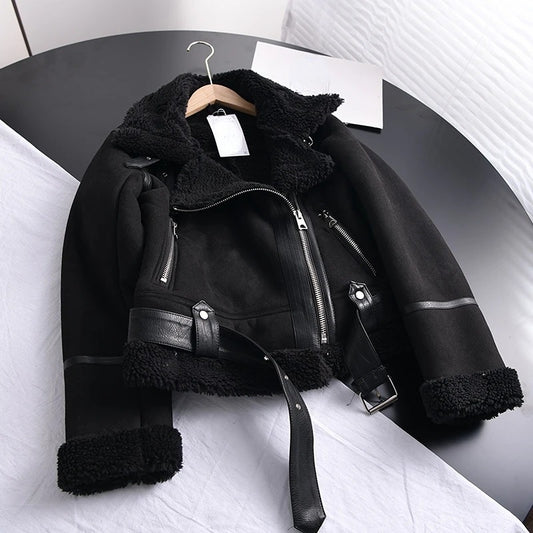 2026 Women’s Winter Suede Lamb Jacket – Thick Warm Faux Shearling Motorcycle Coat