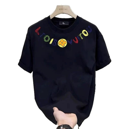 Men’s Black Cotton Graphic T-Shirt – Anime Letter Print Casual Summer Tee, Relaxed Everyday Style,
