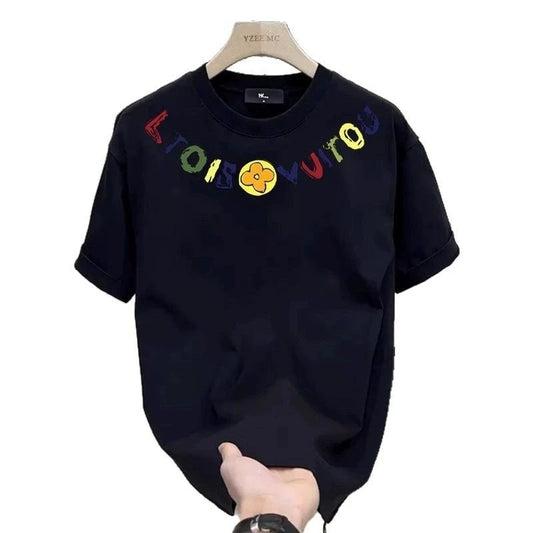 Men’s Black Cotton Graphic T-Shirt – Anime Letter Print Casual Summer Tee, Relaxed Everyday Style,
