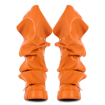 Women’s Fold-Over Slouchy Platform Boots – Round Toe, Button Detail &amp; Mid-Calf Block Heel Western Style