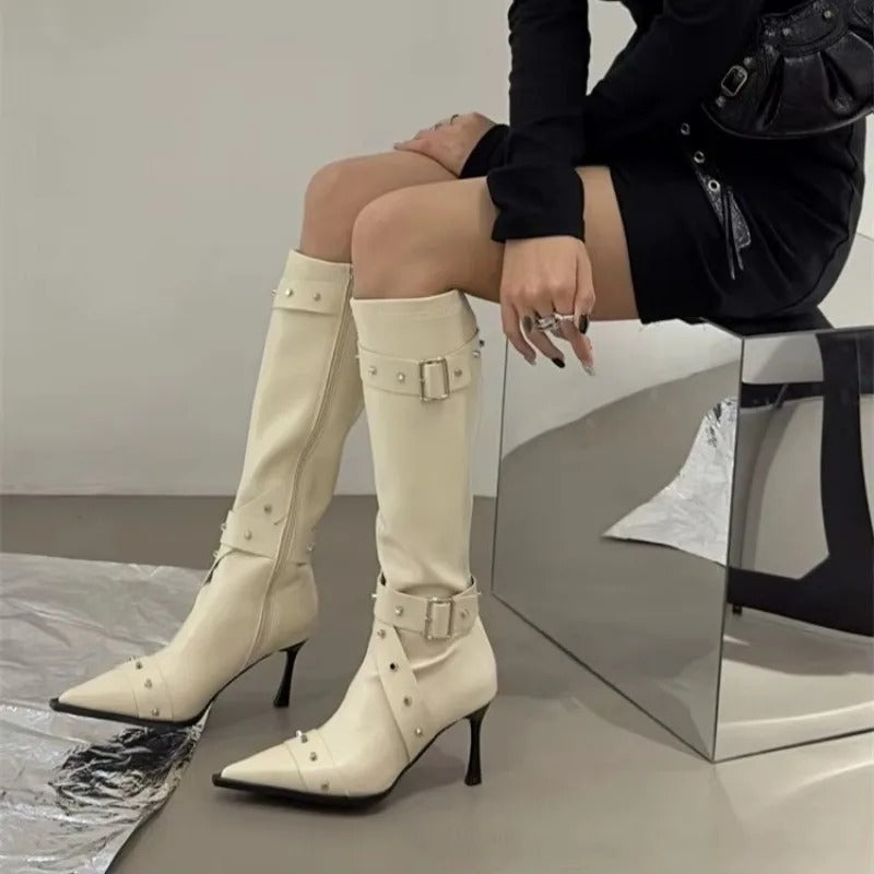 2026 Women's Elegant Pointed-Toe High-Heeled Riding Boots-Slim-Fit TallBoots with Studded Belt Detail