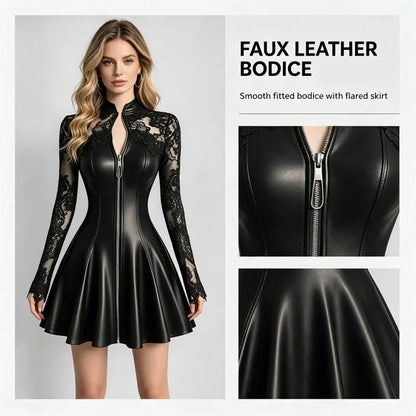 Unique Elegant Pure leather Long Sleeve Zipper Bodice Dress