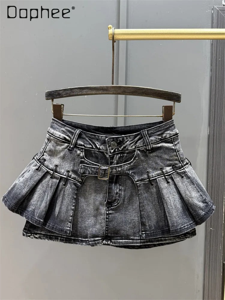 American Retro Camouflage Pleated Denim Mini Skirt – High-Waist A-Line Fashion Skirt