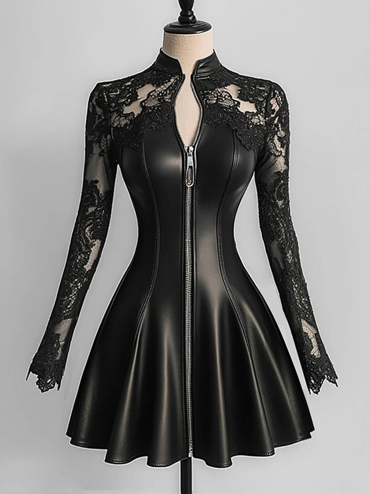 Unique Elegant Pure leather Long Sleeve Zipper Bodice Dress