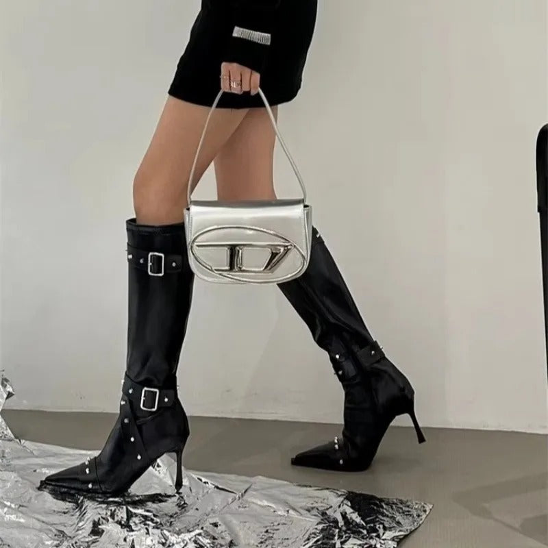 2026 Women's Elegant Pointed-Toe High-Heeled Riding Boots-Slim-Fit TallBoots with Studded Belt Detail