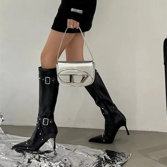 2026 Women's Elegant Pointed-Toe High-Heeled Riding Boots-Slim-Fit TallBoots with Studded Belt Detail