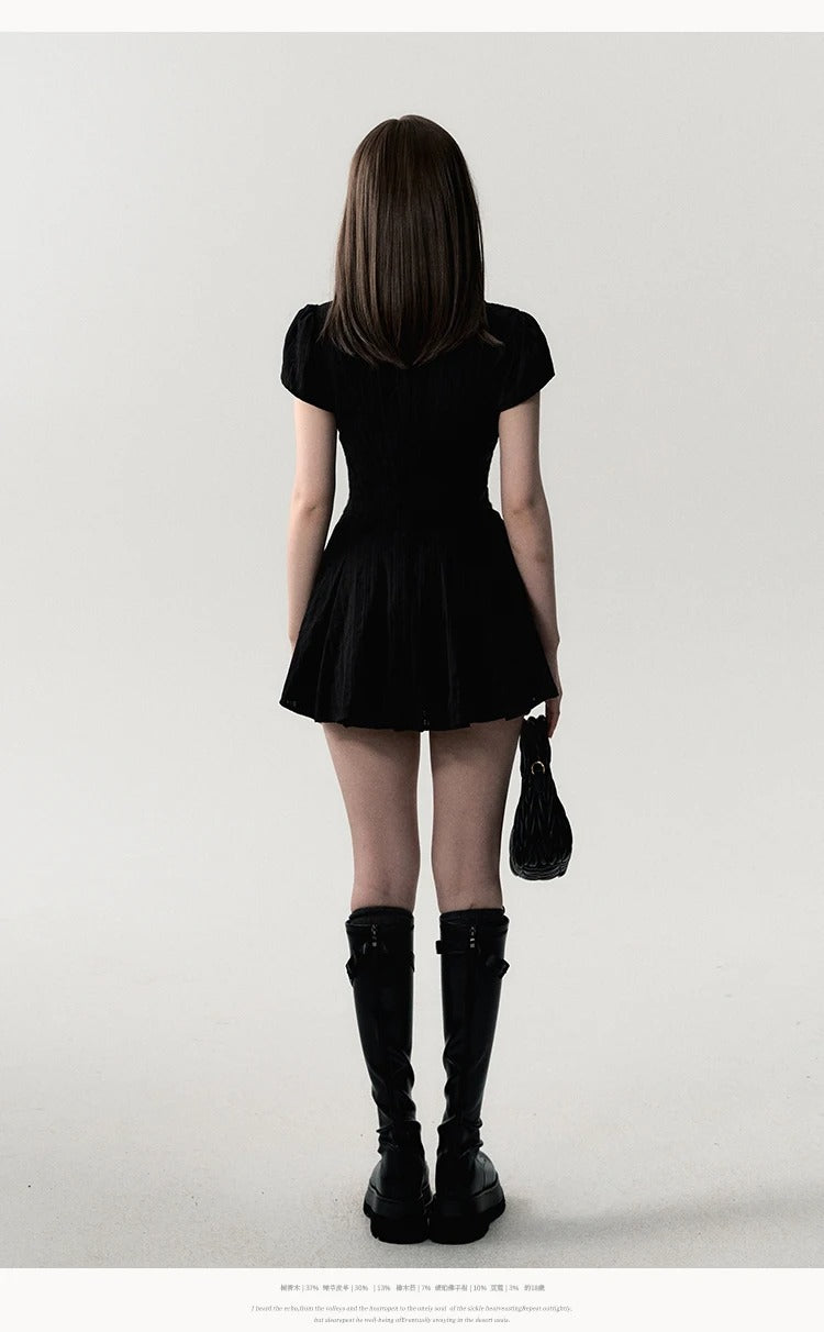 Elegant Lace A-Line Mini Dress – Vintage Y2K Chic Short-Sleeve Shirt Dress