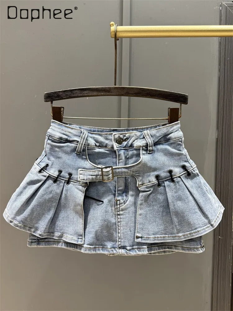 American Retro Camouflage Pleated Denim Mini Skirt – High-Waist A-Line Fashion Skirt