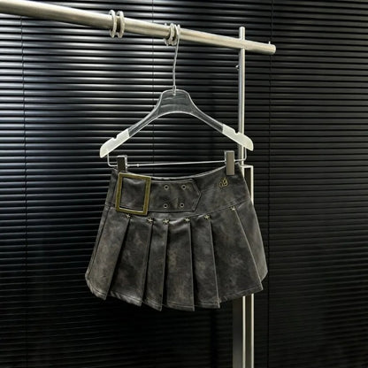 Y2K Leather Pleated Mini Skirt for Women – A-Line Buckle Belt Skirt | E-Girl Streetwear &amp; Autumn/Winter Fashion