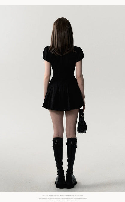 Elegant Lace A-Line Mini Dress – Vintage Y2K Chic Short-Sleeve Shirt Dress