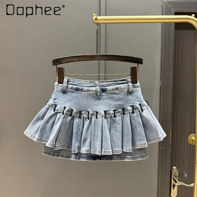 American Retro Camouflage Pleated Denim Mini Skirt – High-Waist A-Line Fashion Skirt