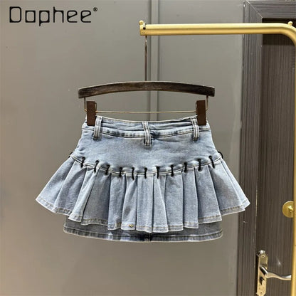 American Retro Camouflage Pleated Denim Mini Skirt – High-Waist A-Line Fashion Skirt