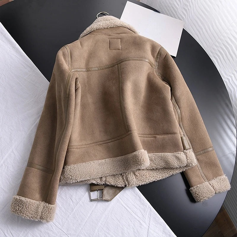 2026 Women’s Winter Suede Lamb Jacket – Thick Warm Faux Shearling Motorcycle Coat
