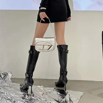 2026 Women's Elegant Pointed-Toe High-Heeled Riding Boots-Slim-Fit TallBoots with Studded Belt Detail