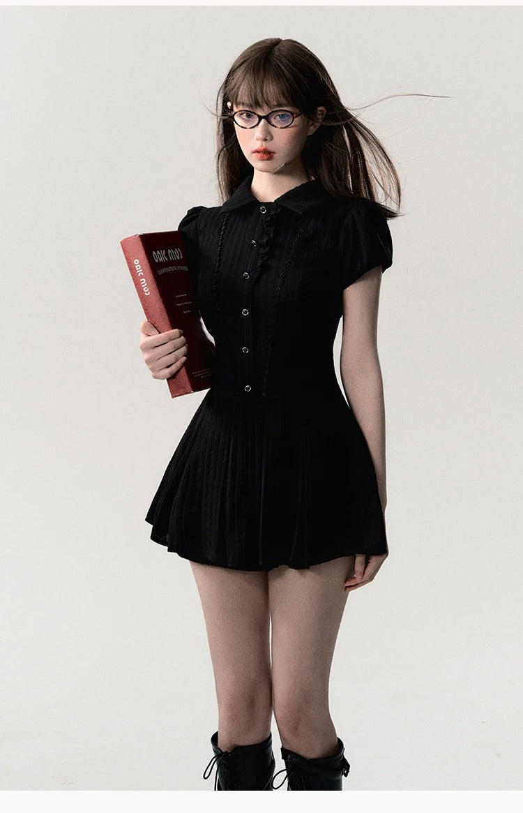 Elegant Lace A-Line Mini Dress – Vintage Y2K Chic Short-Sleeve Shirt Dress