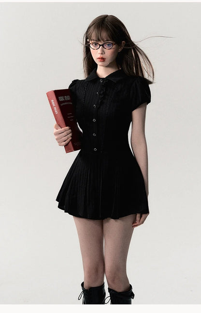 Elegant Lace A-Line Mini Dress – Vintage Y2K Chic Short-Sleeve Shirt Dress