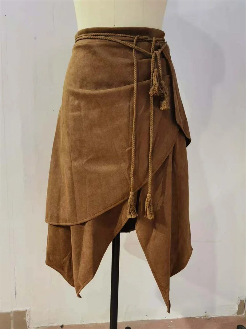 Vintage Lace-Up Irregular A-Line Midi Skirt for Women – Elegant Streetwear Style