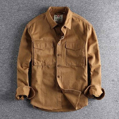 Men’s Japanese Vintage Cotton Long-Sleeve Shirt – Relaxed Fit Casual Streetwear