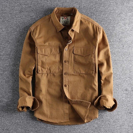 Men’s Japanese Vintage Cotton Long-Sleeve Shirt – Relaxed Fit Casual Streetwear