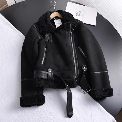 2026 Women’s Winter Suede Lamb Jacket – Thick Warm Faux Shearling Motorcycle Coat