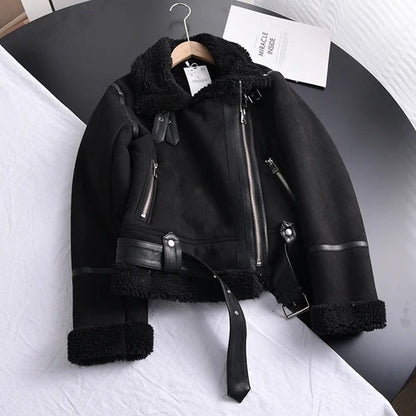 2026 Women’s Winter Suede Lamb Jacket – Thick Warm Faux Shearling Motorcycle Coat