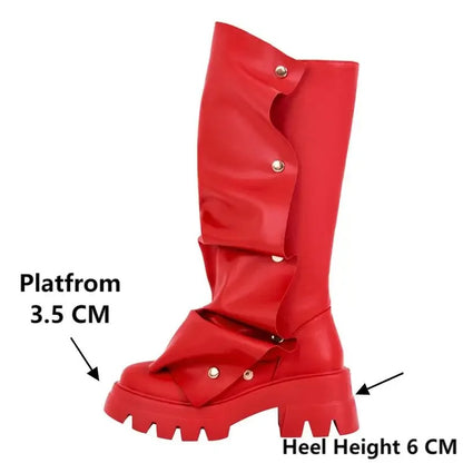 Women’s Fold-Over Slouchy Platform Boots – Round Toe, Button Detail &amp; Mid-Calf Block Heel Western Style